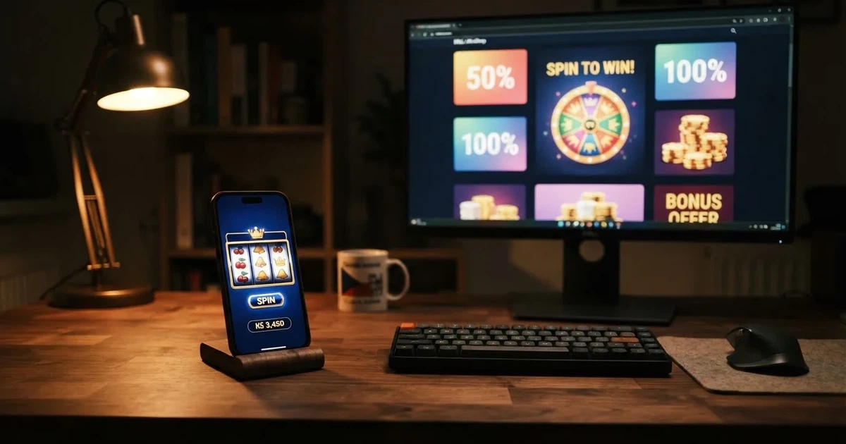Přehledná obrazovka s nabídkou casino bonusů a free spinů pro české hráče — telefon a monitor vedle sebe