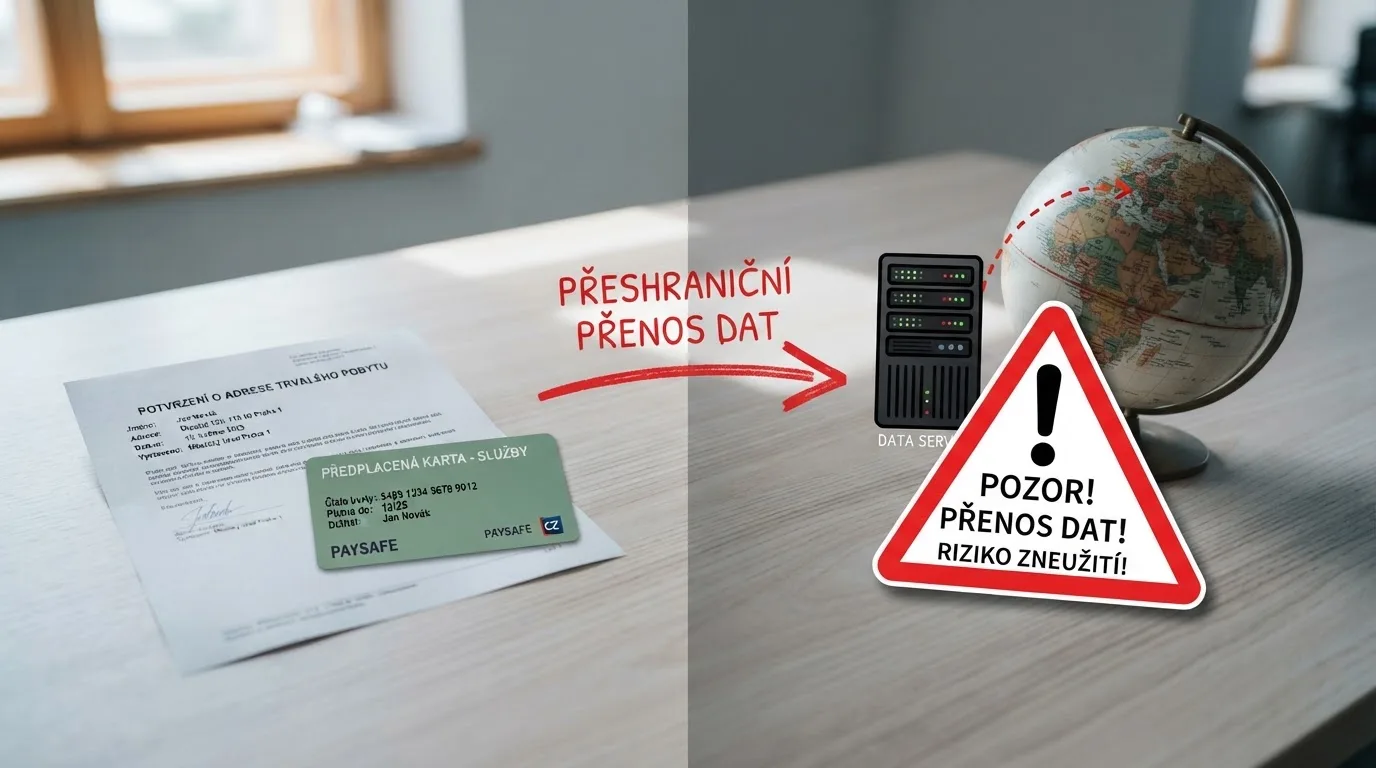 Občanský průkaz a doklad o bydlišti na jedné straně, otazník a server v zahraničí na druhé, mezi nimi šipka s varovným symbolem