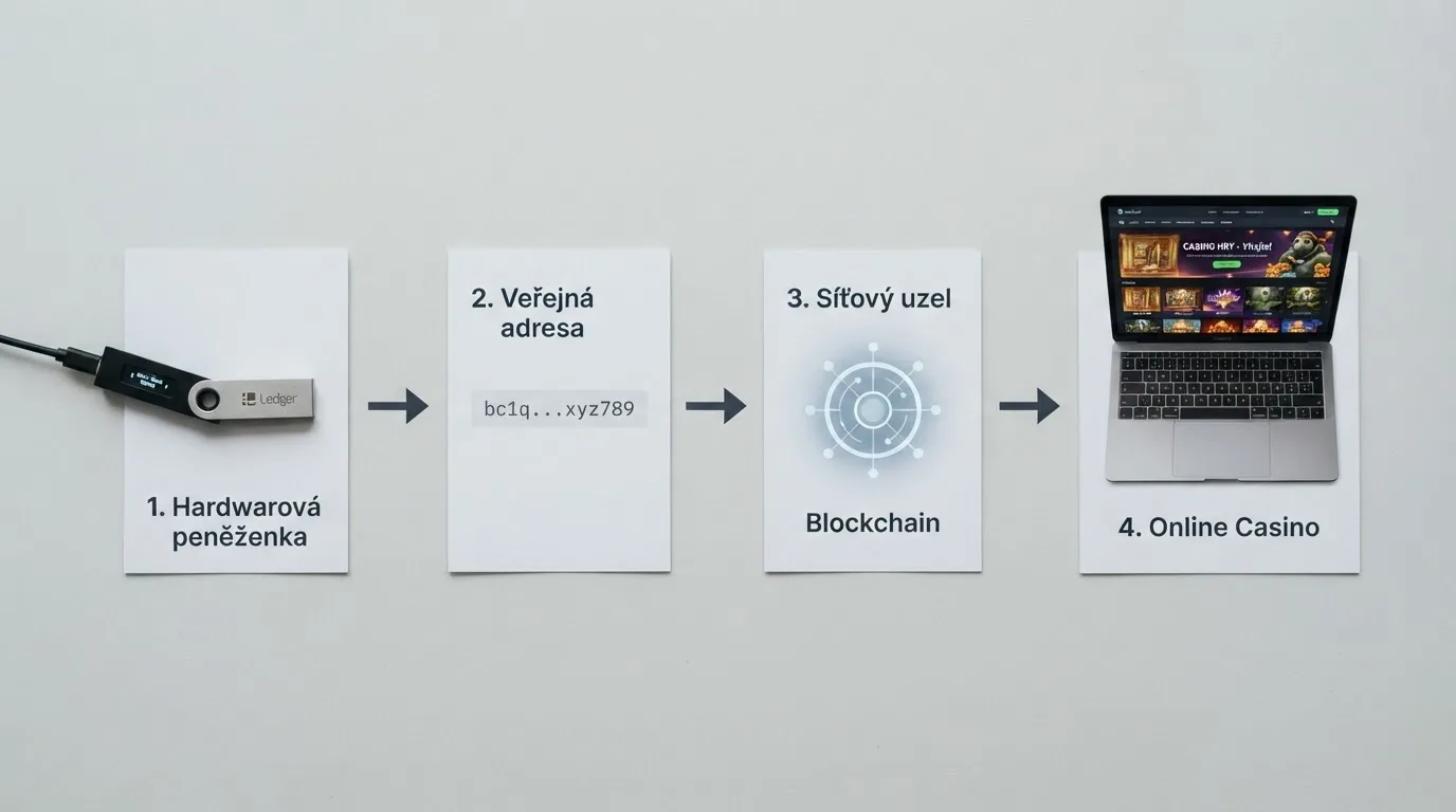 Schéma kroků od krypto peněženky k hernímu kontu kasina