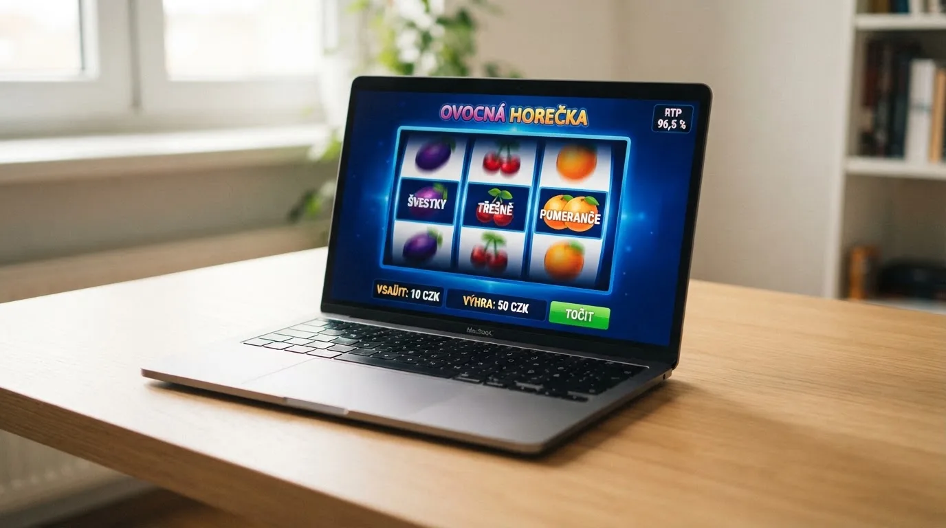Roztočené válce online automatu s ovocnými symboly a zvýrazněným ukazatelem RTP 96,5 % v rohu displeje