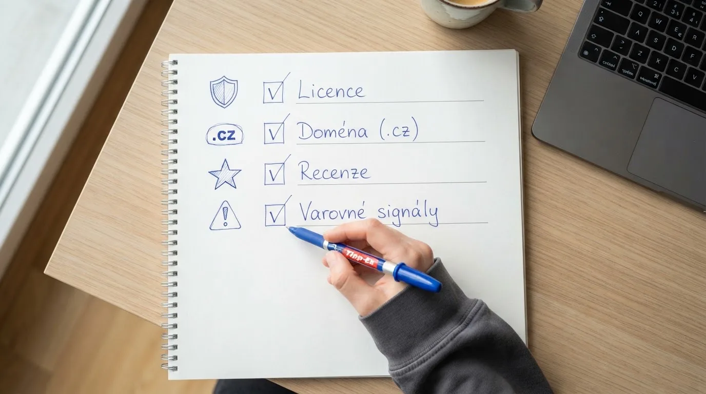 Kontrolní seznam se čtyřmi odškrtnutými body: licence, doména .cz, recenze, varovné signály