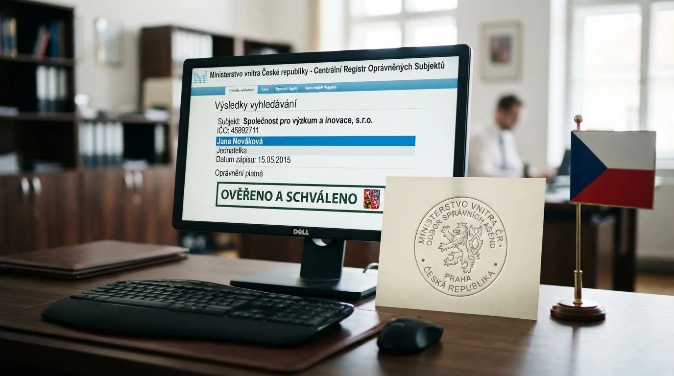 Úřední výstřižek z veřejného registru MF ČR s vyhledaným operátorem, vedle něj razítko Ministerstva financí