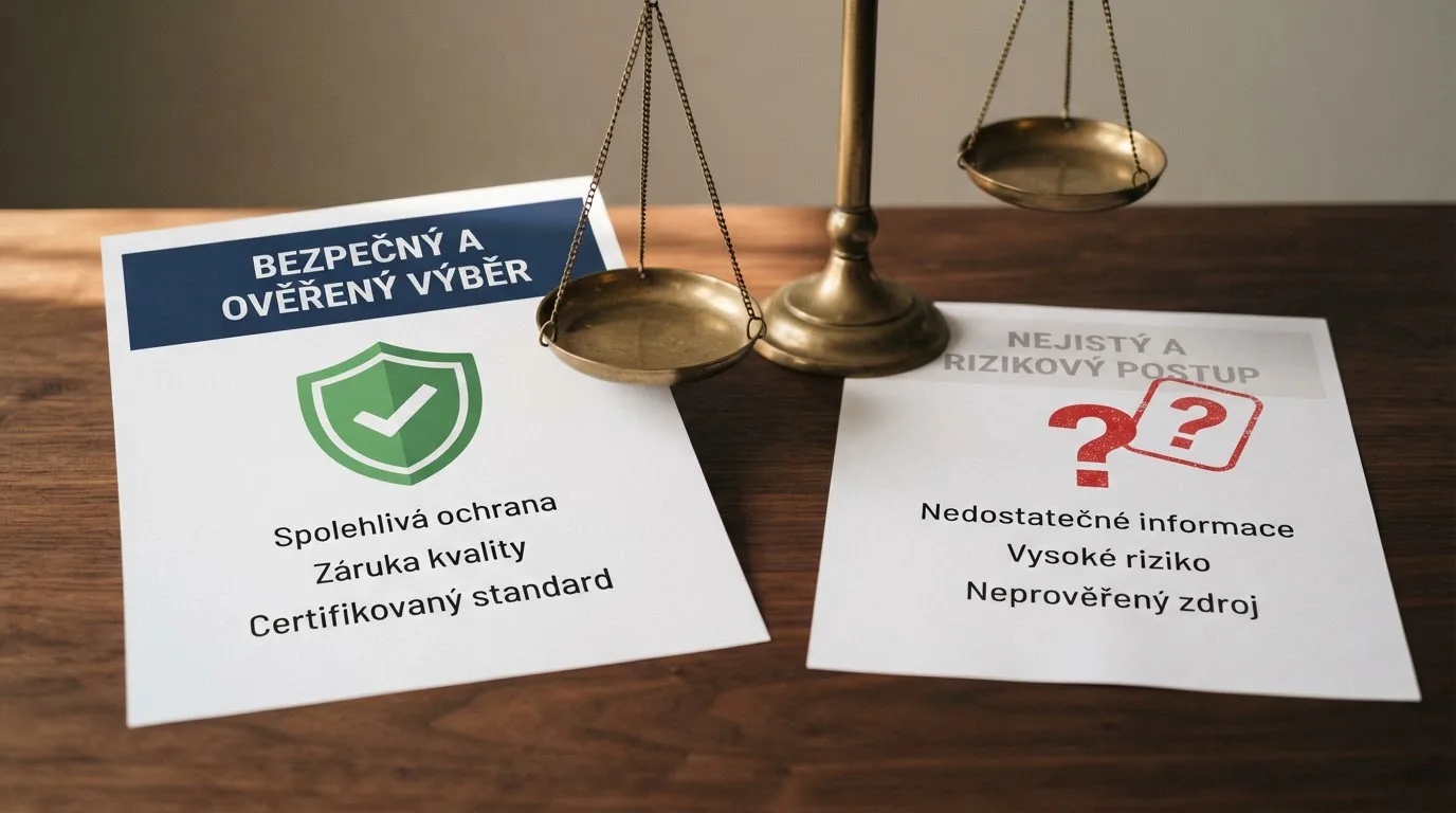 Dva dokumenty vedle sebe — česká licence MF ČR s razítkem a Curaçao licence s otazníkem, mezi nimi váha