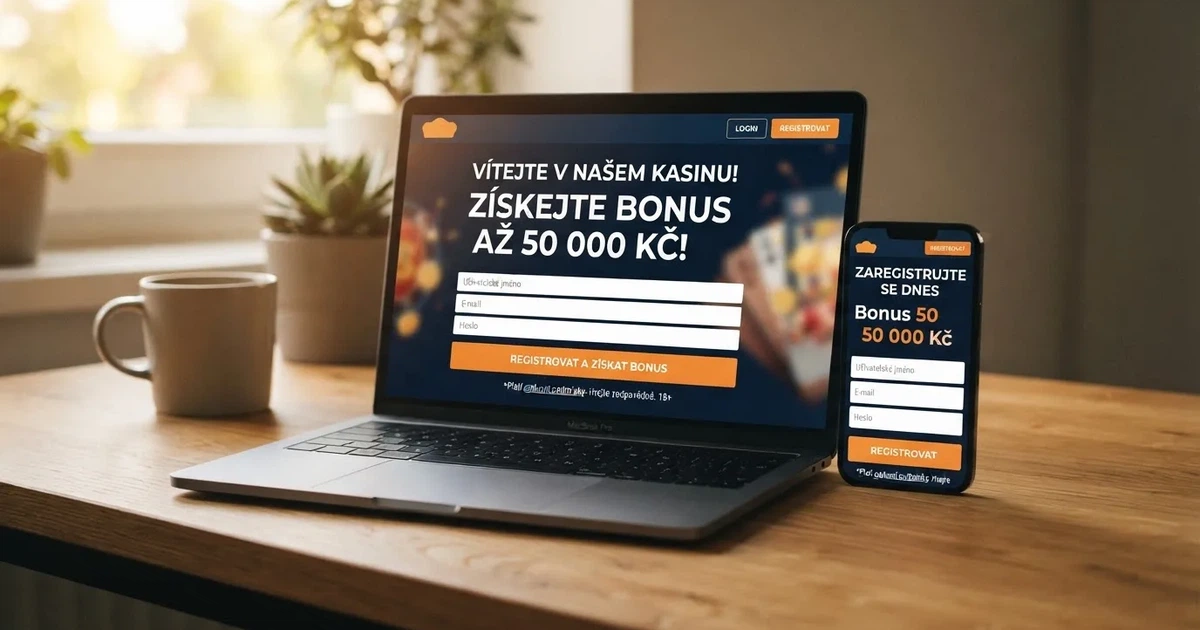 Obrazovka notebooku a mobilního telefonu s českým online casinem a nabídkou registračního bonusu
