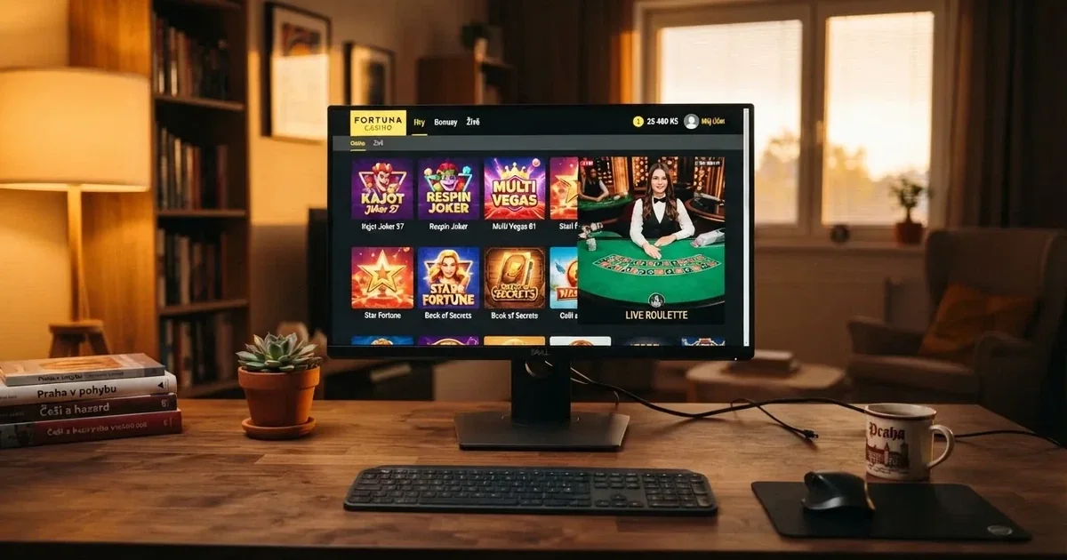 Rozhraní českého licencovaného online kasina na monitoru — lobby s náhledy automatů, živými hrami a panelem s bilancí v korunách