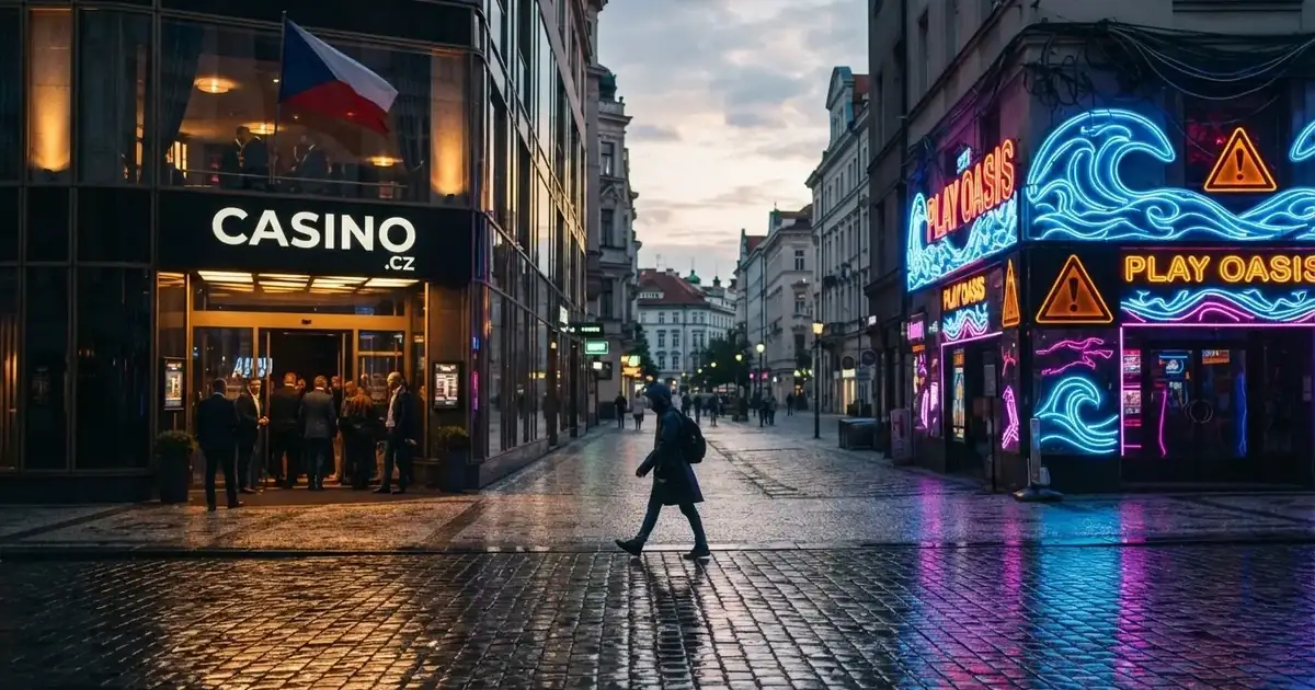 Dvě casinové budovy vedle sebe — jedna s nápisem .cz a českou vlajkou, druhá s neonovým nápisem offshore a výstražným symbolem