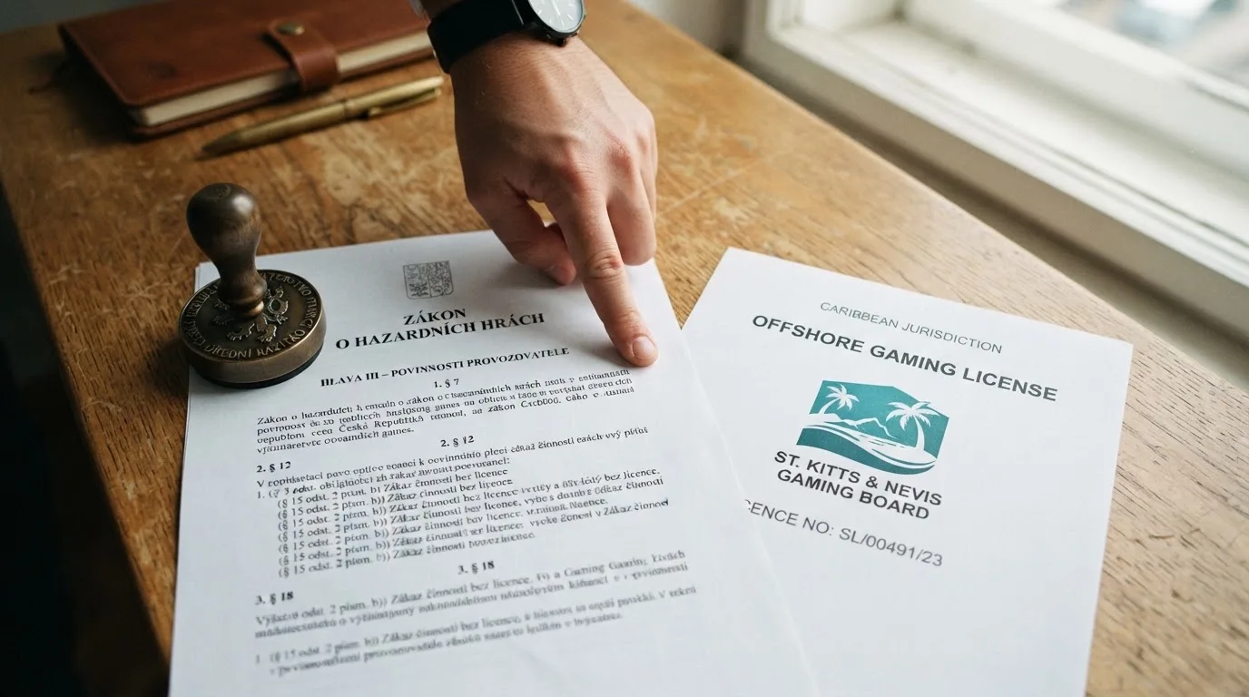 Pečeť s nápisem Curaçao vedle dokumentu s paragrafem českého zákona o hazardních hrách — kontrast mezi offshore licencí a tuzemskou regulací