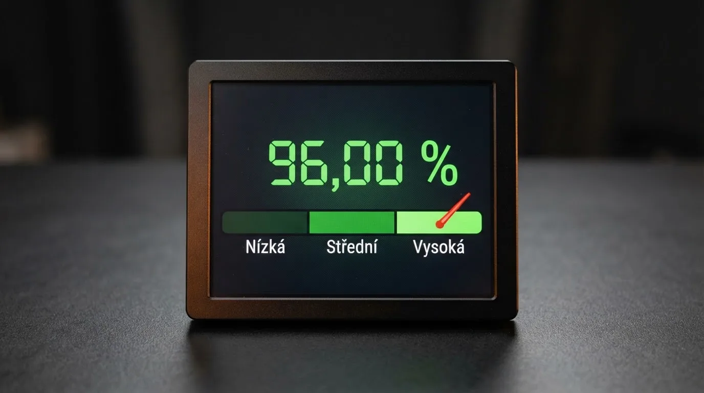 Zjednodušený displej výherního automatu s vyznačenými hodnotami RTP (např. 96,00 %) a volatilitou (nízká/střední/vysoká)