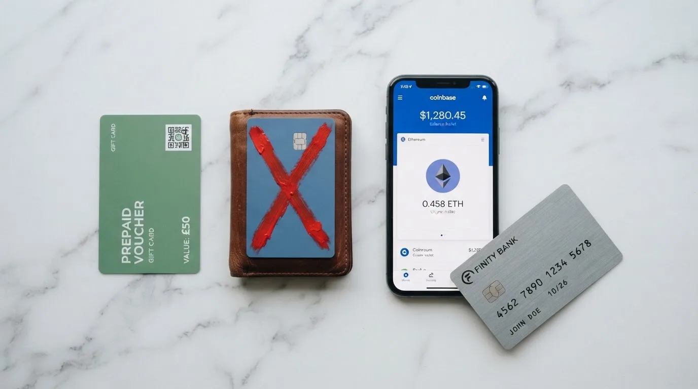 Rozložené platební metody — paysafecard, kryptoměnová peněženka, bankovní karta s červeným křížkem, mobil s aplikací banky
