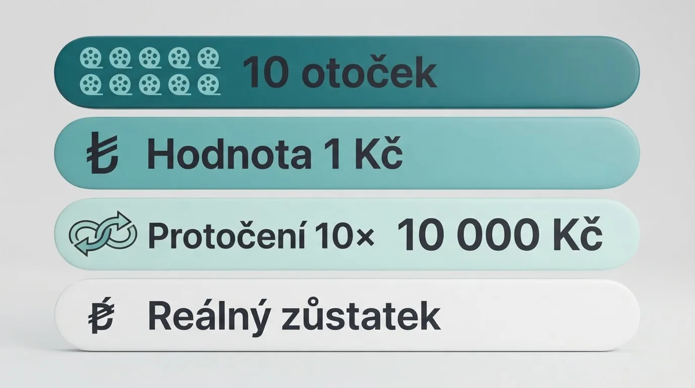 Infografika znázorňující cestu od připsání free spinů přes protočení až k výplatě — kolonky: počet otoček, hodnota, násobek protočení, reálný zůstatek