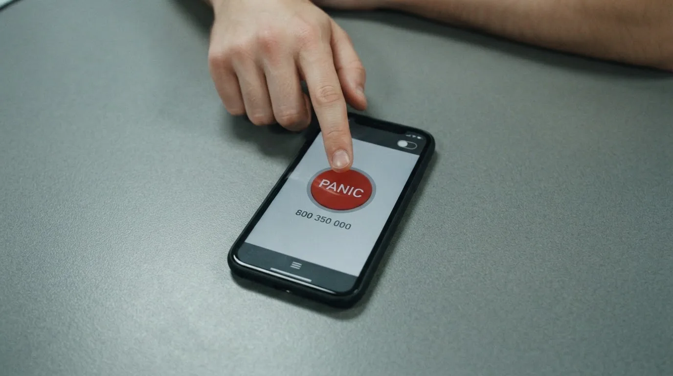Ikona Panic button na webu licencovaného casina a telefonní číslo linky pomoci