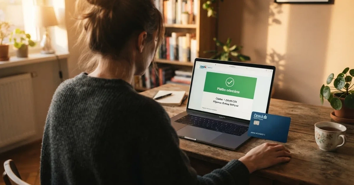 Hráč sedí u notebooku a na obrazovce vidí potvrzení o úspěšné výplatě z online casina na bankovní účet.