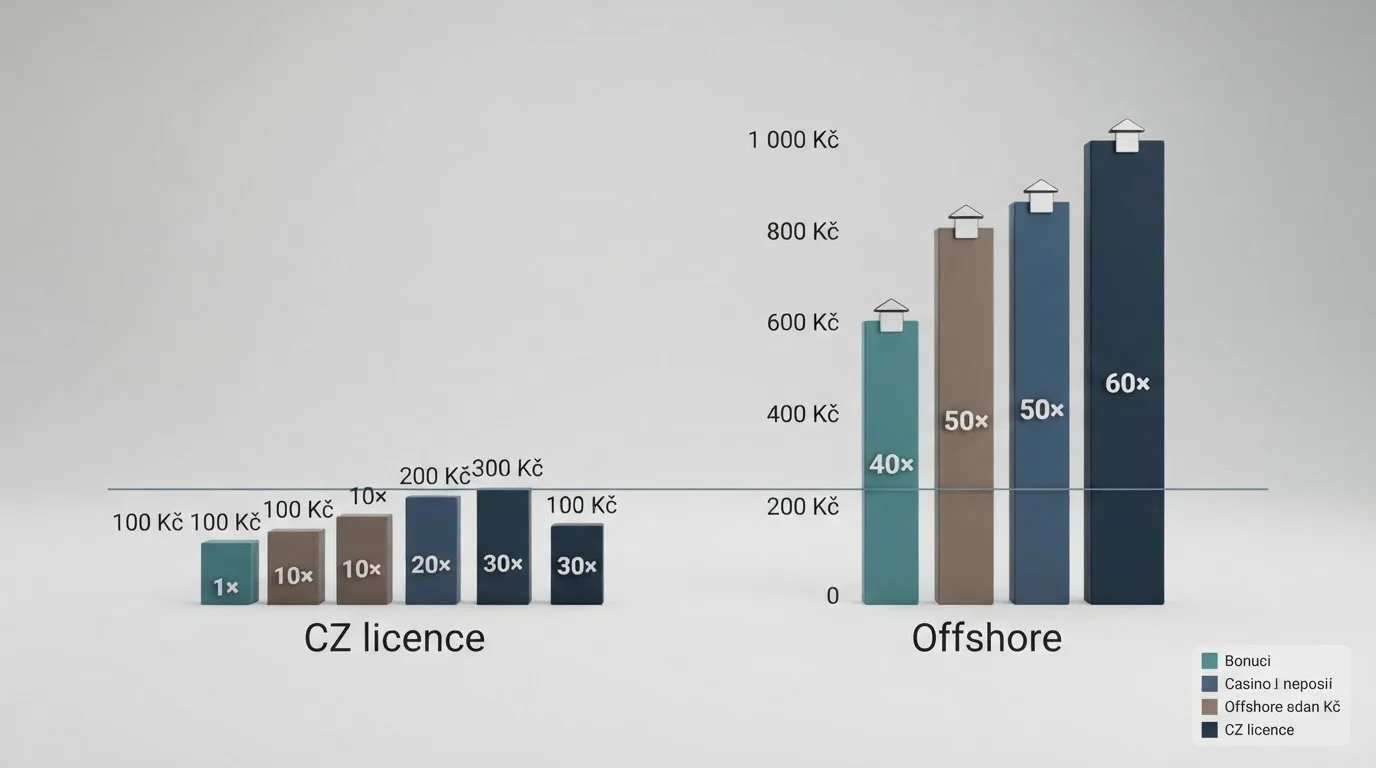 Vizuální srovnání nabídek bonusů bez vkladu — sloupcový přehled výše bonusů a počtu free spinů napříč CZ licencovanými a offshore operátory