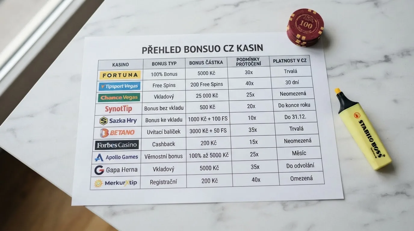 Srovnávací tabulka deseti českých casin s vyznačenými sloupci pro výši bonusu, protočení a platnost
