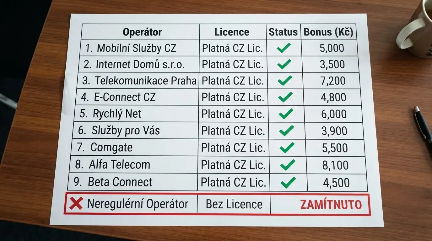 Rozložená srovnávací tabulka s deseti logy operátorů, zvýrazněné řádky s licencí MF ČR a jedním offshore operátorem odděleným červeně