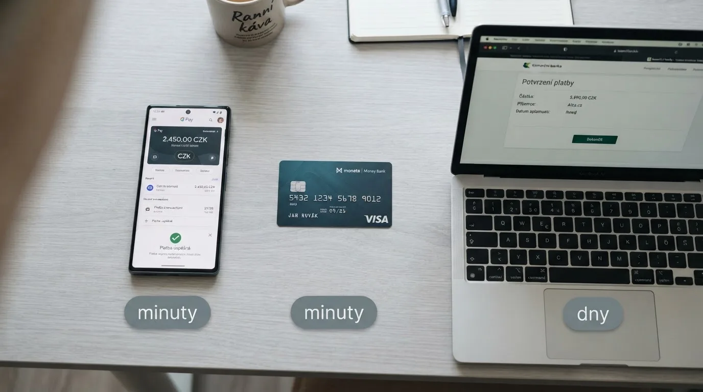 Tři platební metody vedle sebe — e-peněženka na mobilu, platební karta a bankovní převod na obrazovce počítače — s vyznačenou orientační dobou připsání výhry.
