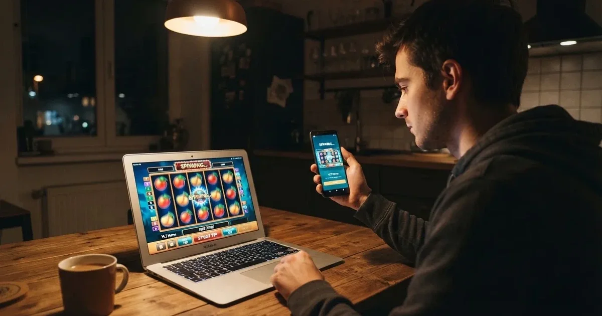 Hráč u notebooku s mobilem v ruce, na obrazovce online casino automat s roztočenými válci, bez loga kasina