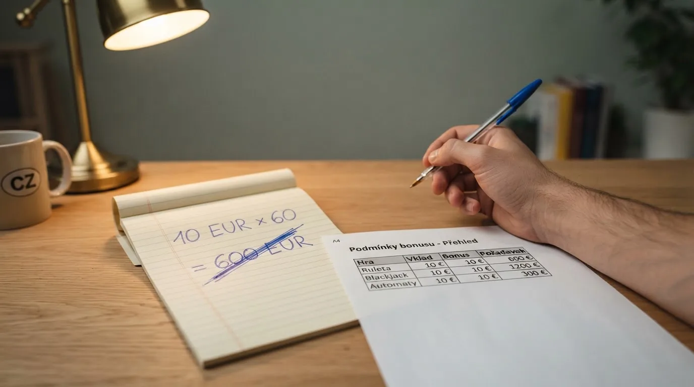 Kalkulačka a poznámkový blok s výpočtem: bonus 10 EUR × wagering 60× = protočit 600 EUR, škrtnuté číslo